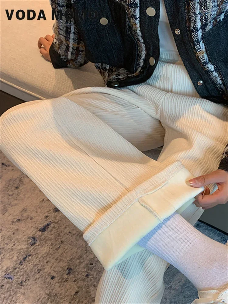 

Casual Drape Loose Straight Pants Fleece Elastic Waist Fashion Mopping Pants Women 2023 Autumn Winter Wide-Leg Pants High-Waist