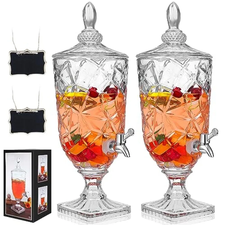

2 Pcs Drink Dispensers for Parties Glass Beverage Dispenser Clear Vintage Crystal Beverage Dispenser with Spigot and 2 Wooden C