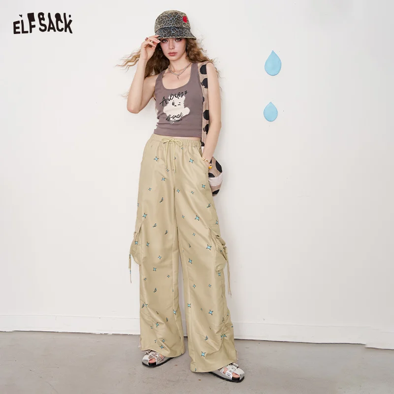 ELFSACK 2025 Summer New Arrival Loose Design Casual Trousers Printed Cargo Pants Wide Leg Trousers For Woman