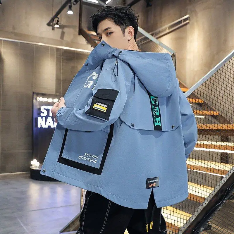 

Повседневная мужская рабочая куртка-худи в гонконгском стиле, новинка весна-осень, молодежная, универсальная, с длинными рукавами, на молнии, из полиэстера
