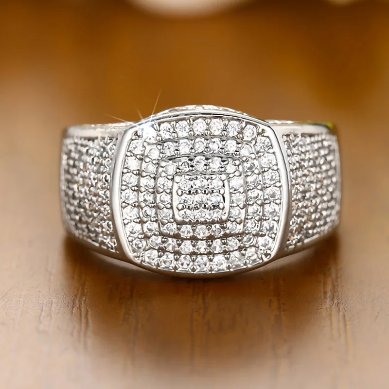 Trendy Inlaid Rhinestone Women Men's Rings Banquet Bling Square 925 Sterling Silver Wedding Ring Pave CZ Business Ring Jewelry