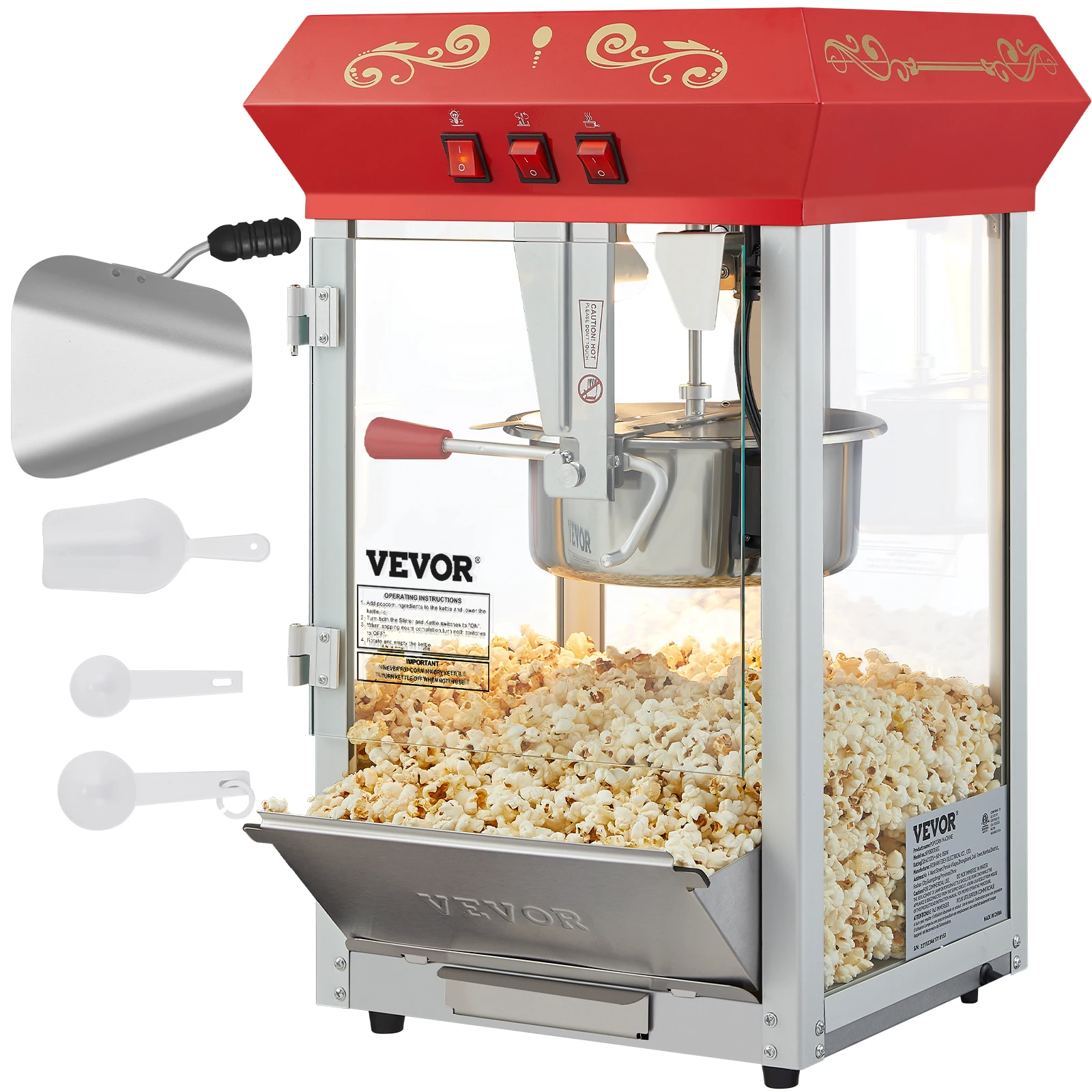 VEVOR mesin Popcorn komersial, Ketel 8/12 Oz, pembuat Popcorn meja, gaya teater Popper dengan kontrol 3-Switch, merah