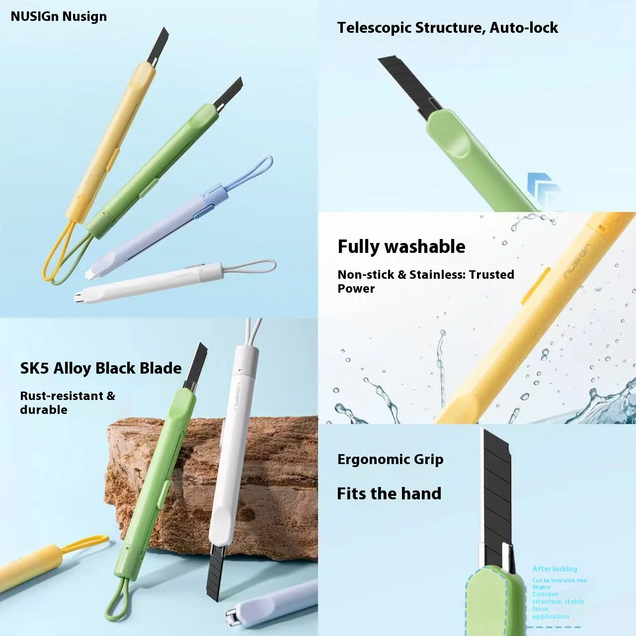 سكين Deli Nusign صغير قابل للسحب، شفرات سوداء من سبيكة SK5 فتاحة صندوق بتصميم جمالي لمحبي الحرف اليدوية والمبتدئين بنفسك