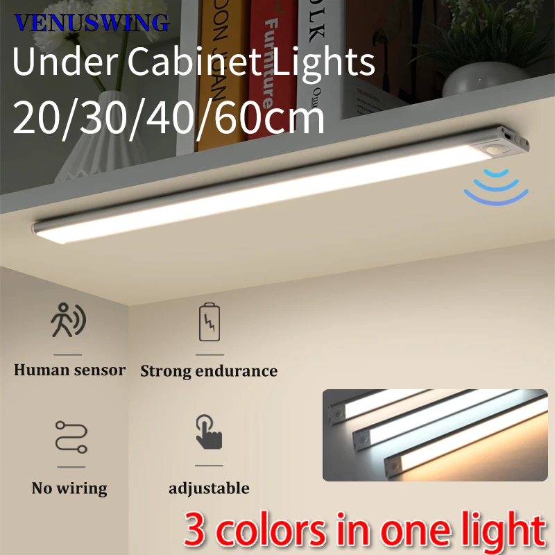 Luz LED ultrafina con Sensor de movimiento, iluminación nocturna recargable por USB para armario, cocina, 20/30/40/60cm