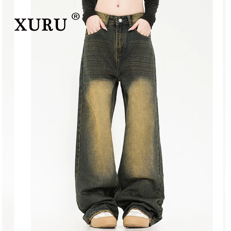 

XURU-American High Street Design Women's Jeans, Vibe Style, Yellow Mud Jeans, Straight Vintage Washed Jeans, N12-L3833