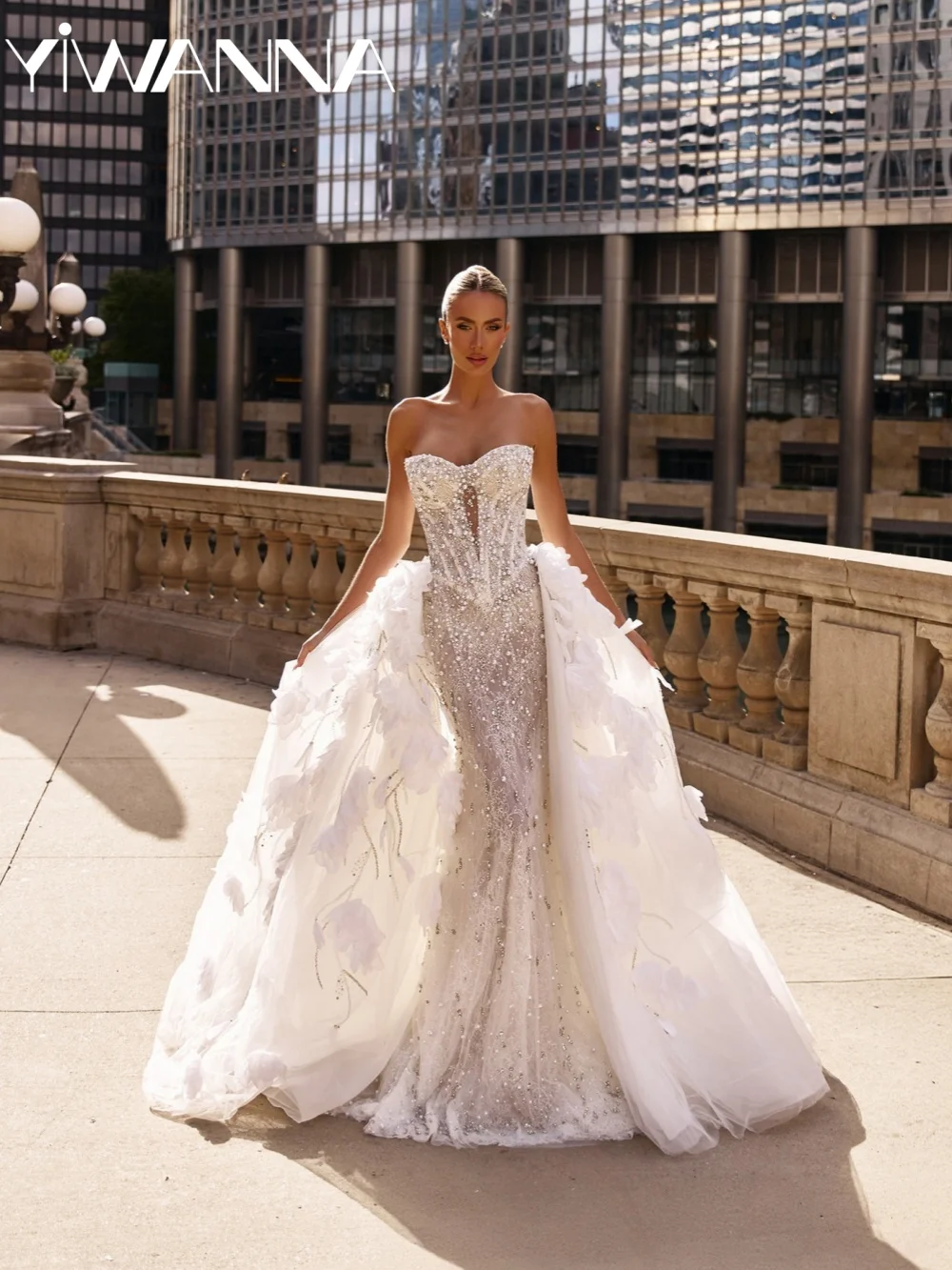 

Attractive Pearls Crystal Wedding Dress With 3D Flower Detachable Train Illusion Bridal Gown Customized Long Dresses For Bride