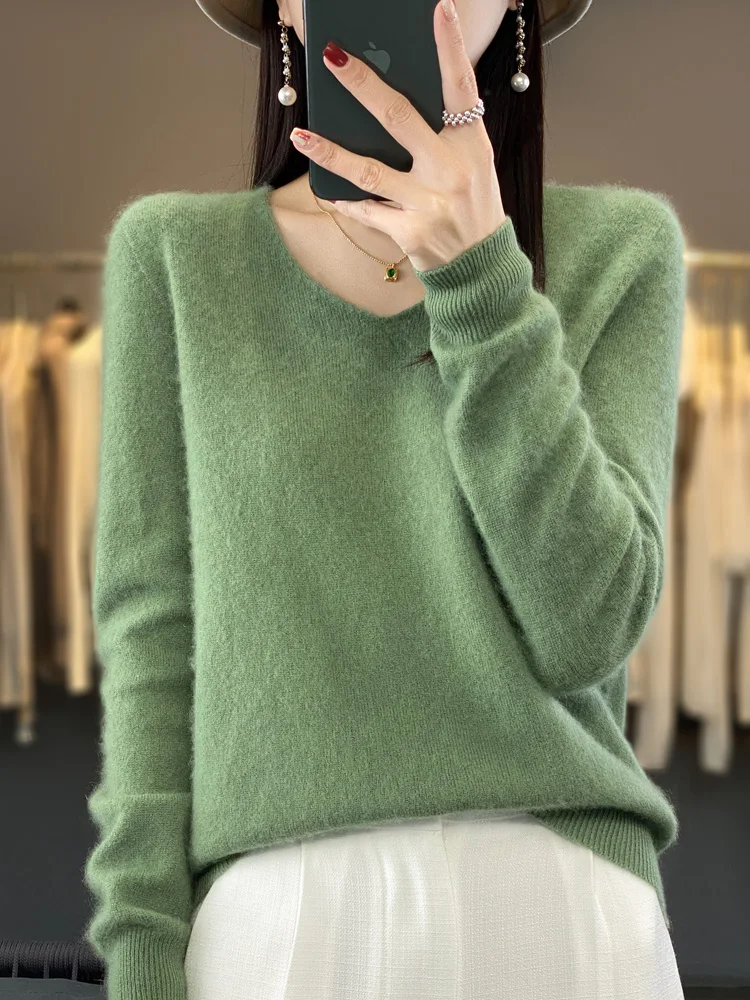 Autumn Winter 100% Merino Wool Women V-Neck Pullover Sweater Warm Soft Cashmere Knitwear Jumper Fashion Casual Female Clothes