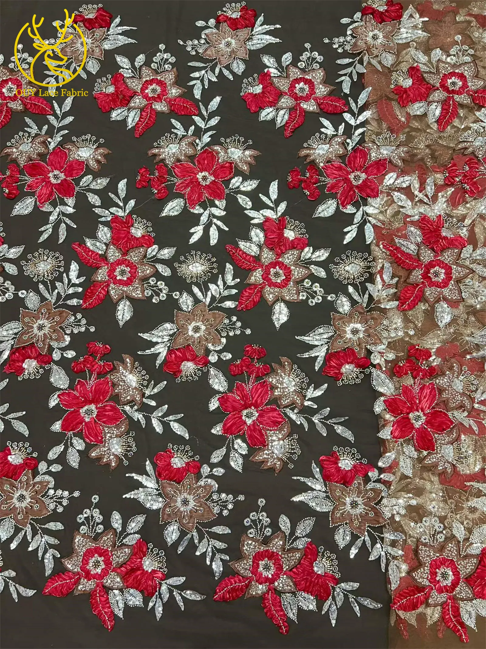 3D Hochwertiger bestickter Blumen-Spitzenstoff mit afrikanischen Pailletten, 2026 Französischer Perlen-Spitzenstoff für nigerianische Partykleider zum Nähen – Detail 5