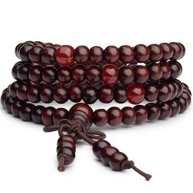 108 perles 6mm et 8mm multicouche empilé Imitation bois de santal bouddhiste bouddha bois perle de prière unisexe Bracelet Couple Bracelet