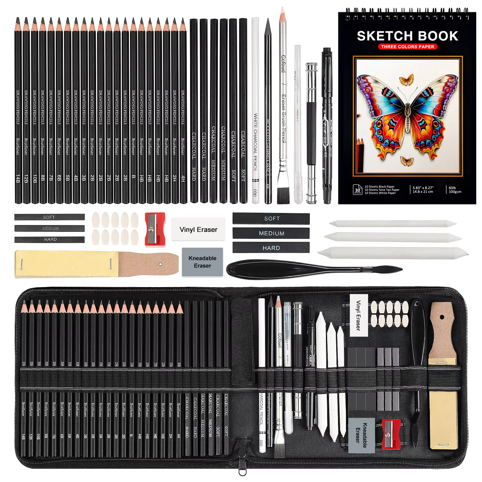 42/44/46/58/60/68 pcs Drawing Kit Sketching Pencil,Art Supplies with 3-Color Sketchbook,Graphite,Charcoal,Drawing Pencils
