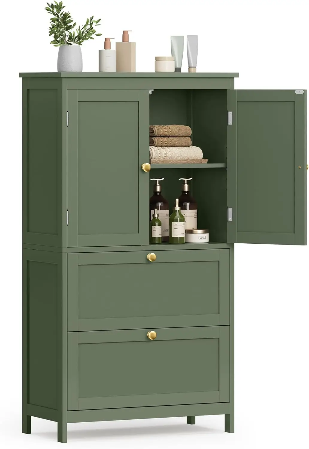 Bathroom Floor Storage Cabinet, Bathroom Storage Unit, Freestanding Cabinet with 2 Drawers and 2 Doors, Adjustable Shelf