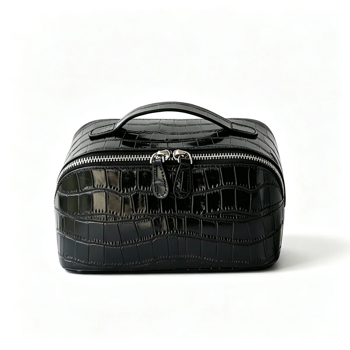 Echtes Leder Krokodil-Prägung Schwarzes Kosmetiktaschen-Set für Damen Toilettenartikel-Organizer Große Kapazität Reise-Make-up-Tasche – Detail 21