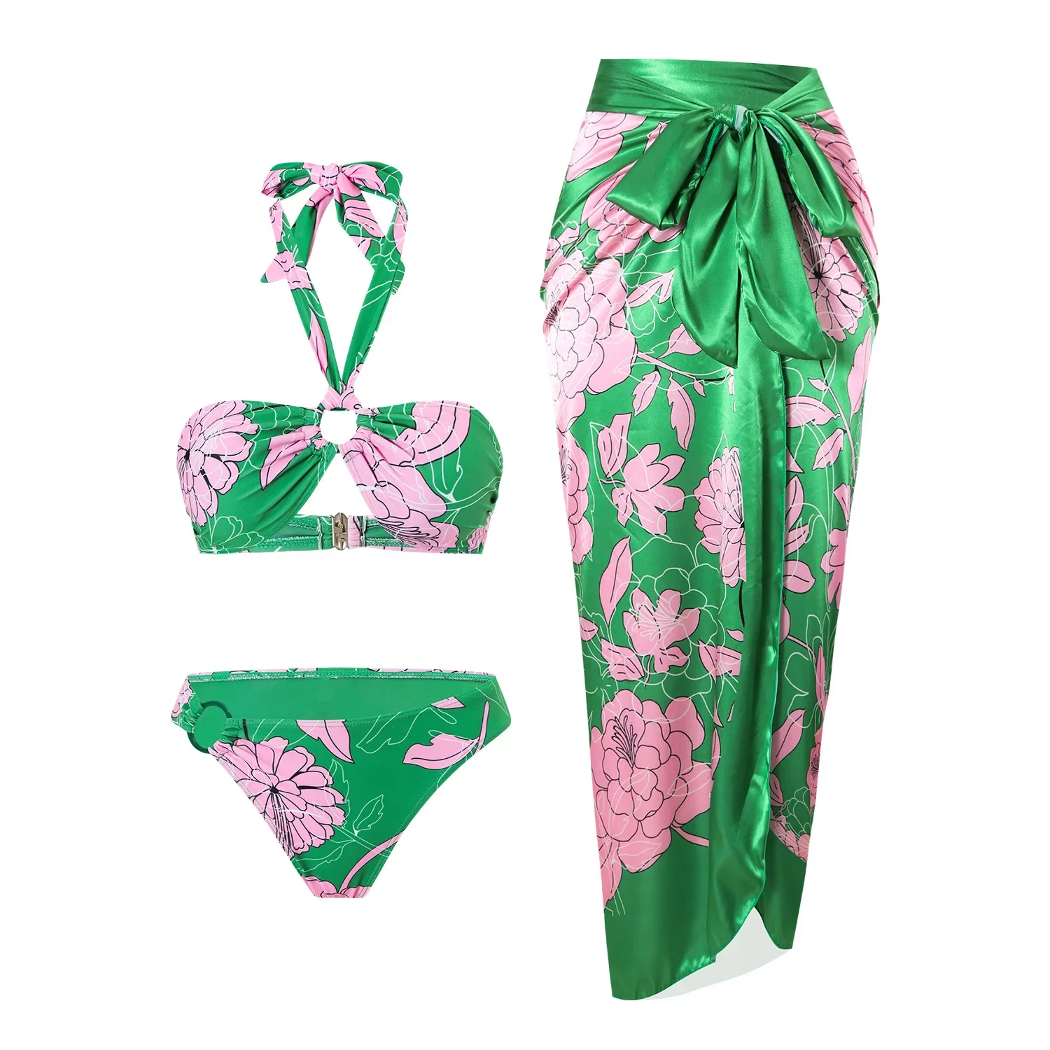 

Print Lace Up Neck Hanging One-piece Swimsuit with Cover Skirt Women Swimwear Sexy Swim Suit Monokini Bodysuit Bathing Suit