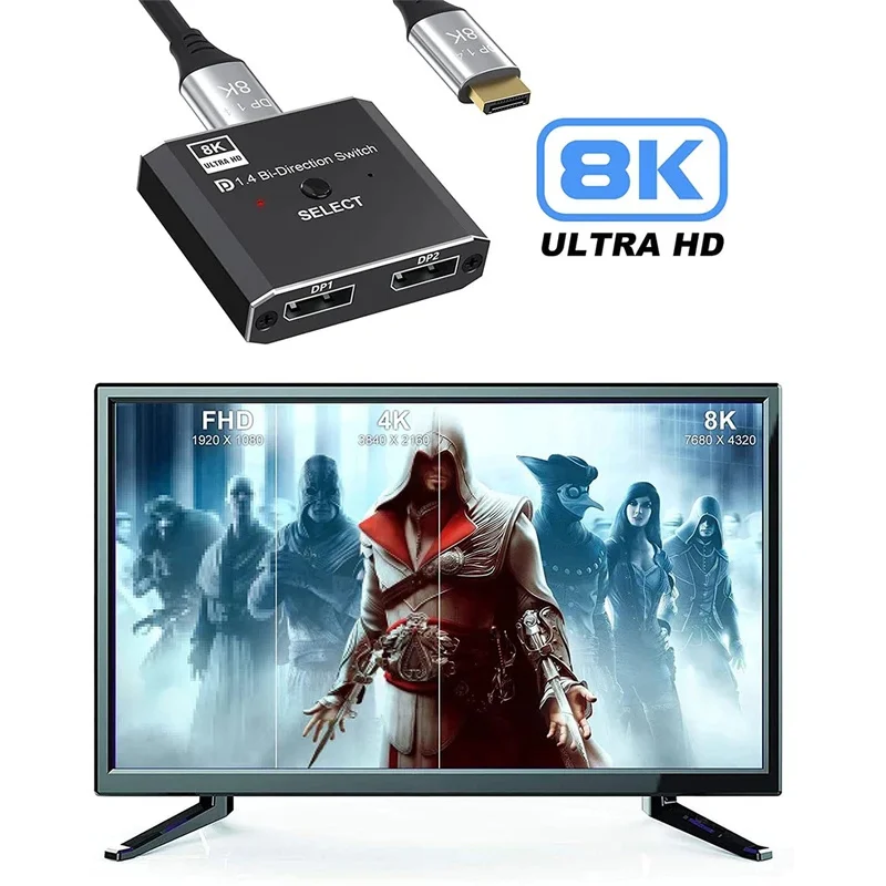 2X1 1X2 Displayport Bi-Direction Switch 8K@60Hz 4K@120Hz Manual DP Bidirectional Switcher 2 in 1 Out For PC Monitor Projector TV
