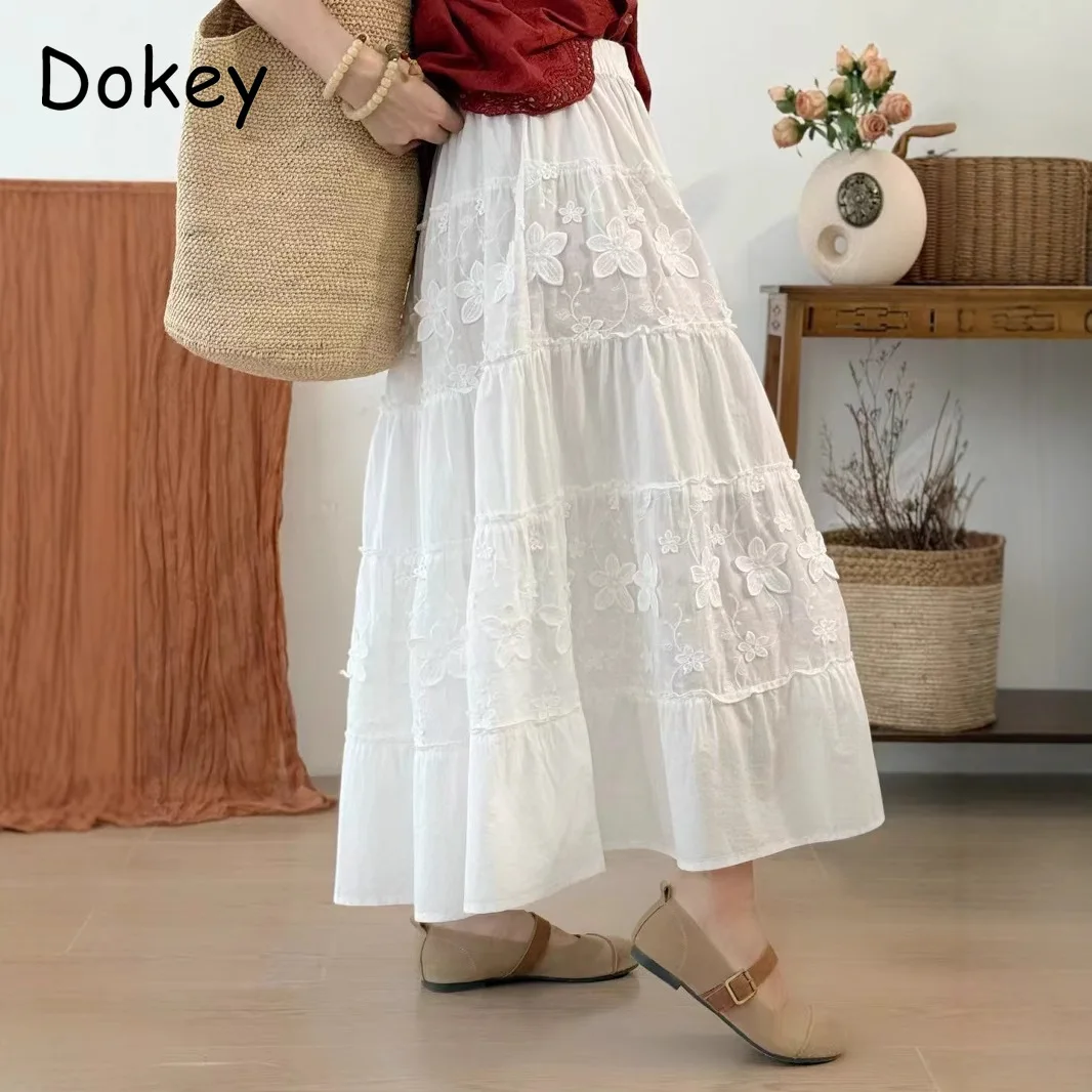 Vintage Butterfly Embroidery Long Skirt Women Summer France Elastic Waist Pleated Skirt Elegant A-Line Party Skirt Faldas Jupe