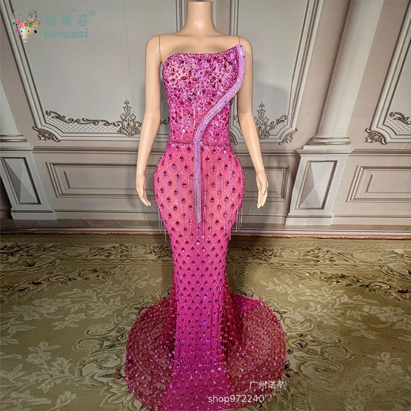 Charmoso e sexy espumante diamante estilingue sem costas longo festa vestido de noite personalizar luxo frisado cauda de peixe vestido de casamento