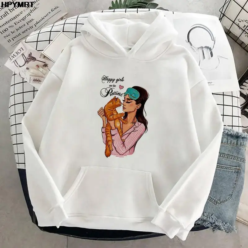 

Cartoon Casual Hooded Sweatshirt For Women Cute Cat Prints Loose Hoodies Winter Warm Sweatshirts Harajuku Pullover Pocket hoodie