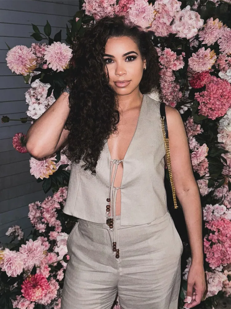 Damski komplet HH, 2-częściowy, elegancki, sznurowany, z koralikami, dekolt w serek, bez rękawów, codzienna bluzka typu vest + luźne spodnie z wysokim stanem i szerokimi nogawkami, z jednolitą kolorystyką i bocznymi kieszeniami.