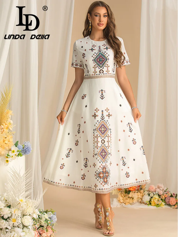 LD LINDA DELLA New style Autumn Women's Dress Fashion Short Sleeve Crystal High waist Romantic Daily Basic Vacation Dresses