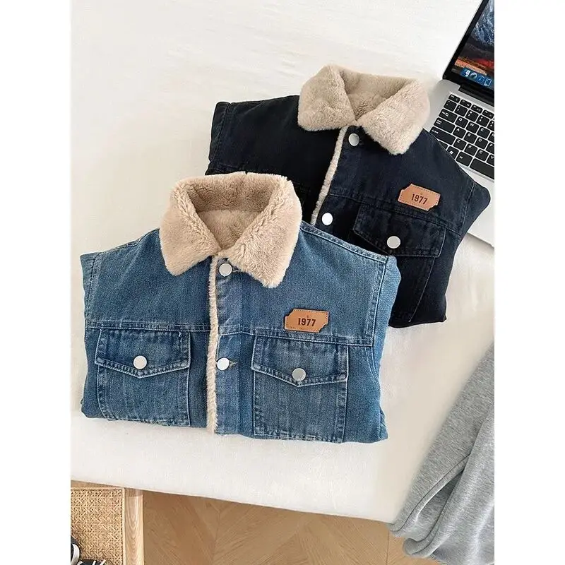 Autumn Winter Thicken Warm Baby Boy Denim Jacket Cute Plush Rabbit Ears Hooded Coats For Boy Children Outerwear Clothing 2-8Y