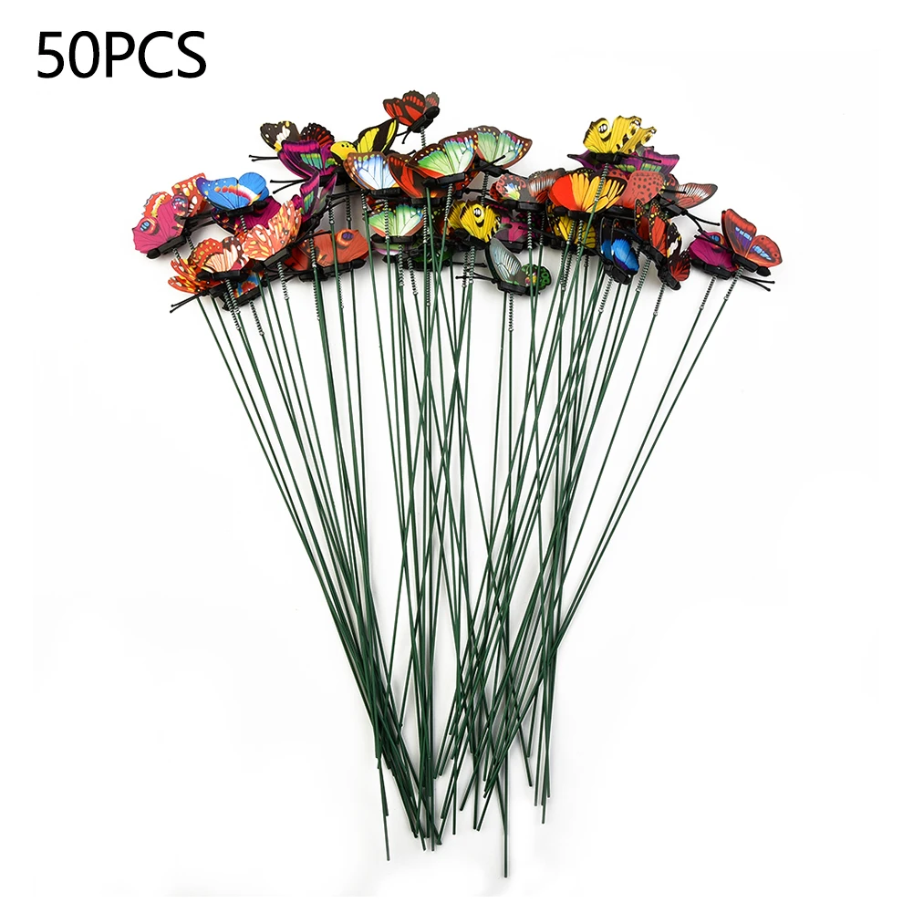 50Pcs Butterfly Garden Stakes Outdoor Wind Vibrating PVC Lawn Ornaments For Flower Pot Bed Yard Art Decor Random Colors