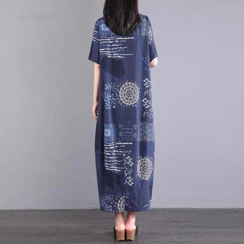 Simplicity Versatile Summer Cotton Hemp Women's Round Neck Printing Pocket Fashion Casual Loose Short Sleeve Mid-length Dresses