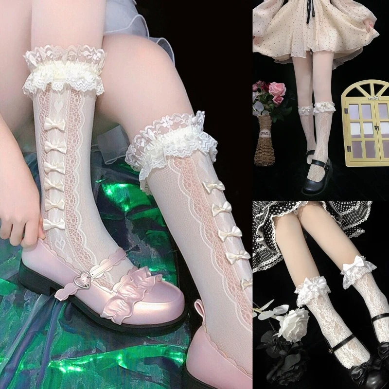 Japanese Gothic Women Socks Sweet Ruffled Trim Bowknot Full Lace Princess Maiden Student Cosplay Calf