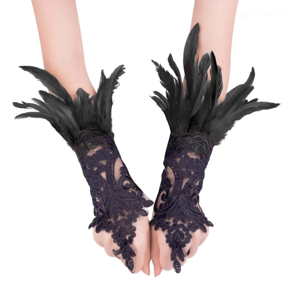 Costume Wristband Halloween Feather Gloves Retro Gothic Feather Lace Glove Embroidery Dark Women Halloween Cuffs Ball