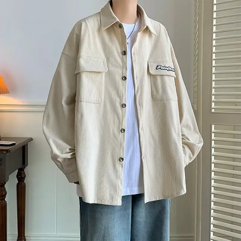 

New Men's Casual Loose irt Trendy Design Autumn Faion Outerwear Stand Fit Long Sve Anti-Wrinkle Polyester