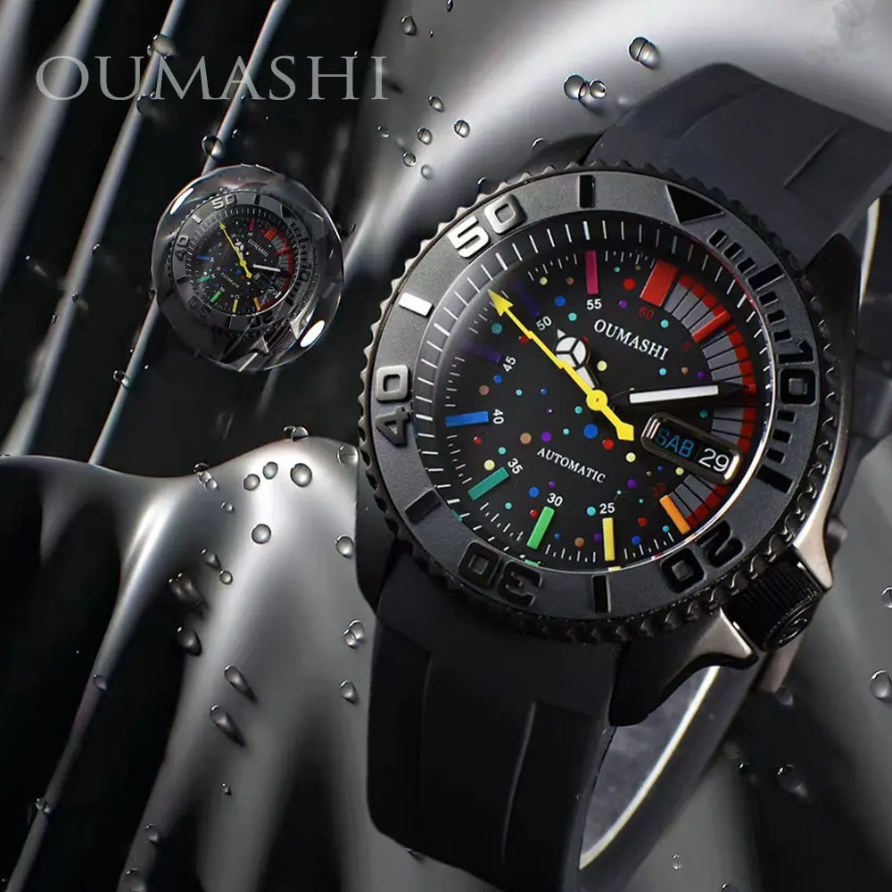 

New OUMASHI 007 Men's Watch Luxury Full-Automatic NH36 Movement Stainless Steel Waterproof Black Case Rainbow Dial