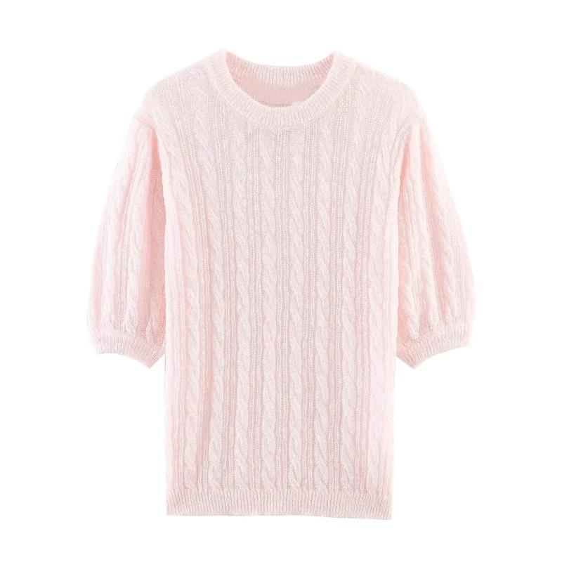 

Women's Top 2026 Spring New Style Pink Short-Sleeve Crew Neck Eight-Strand Knit Simple Pullover Sweater Casual Fashion
