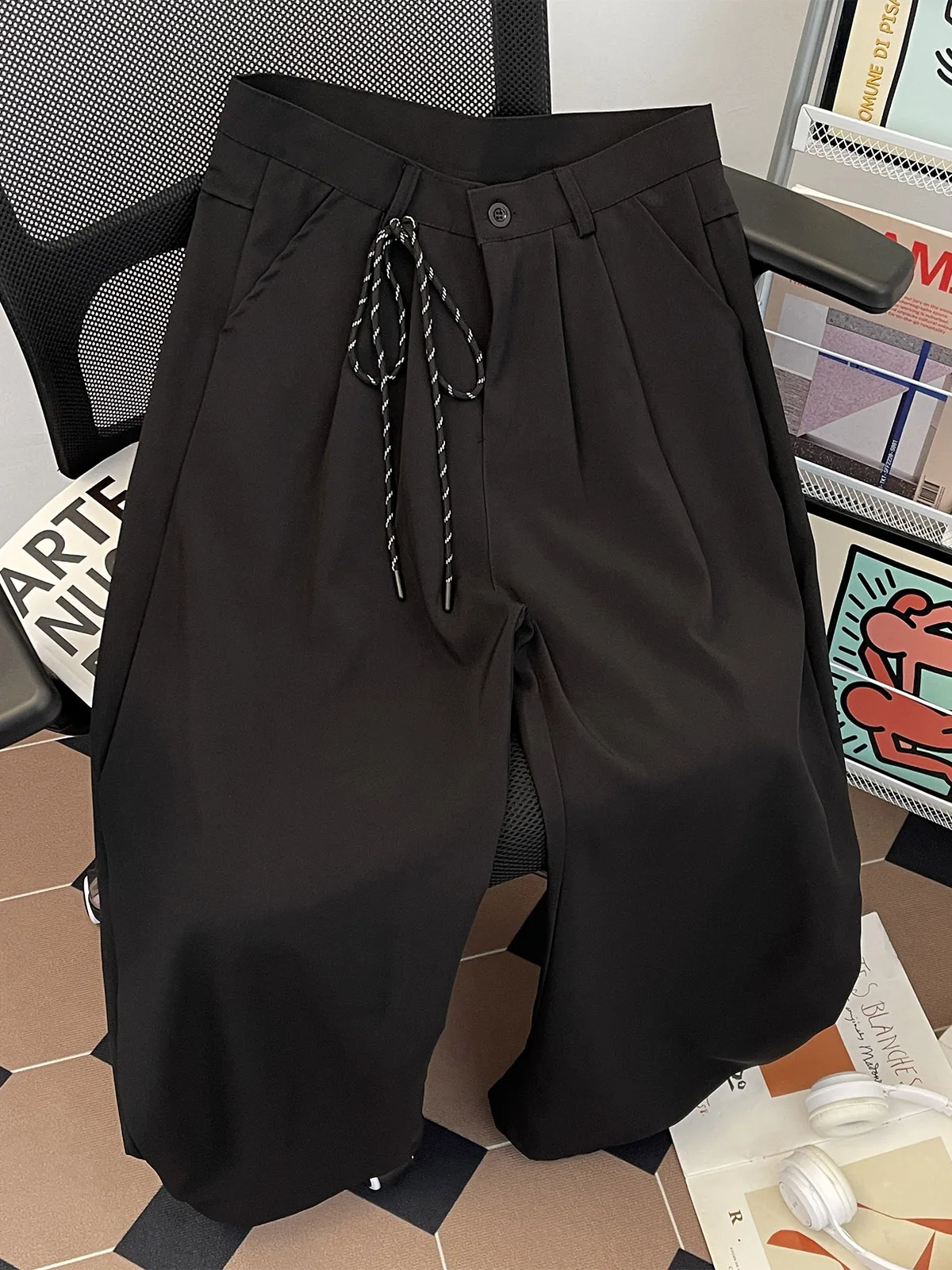 

Summer Thin Wide Leg Pants Men's Ice Silk American CleanFit Sports Straight Loose Drapey Knife Casual Trousers