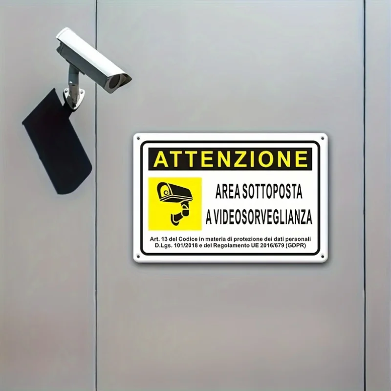 Vintage-Style Reflective Video Surveillance Metal Sign - Wall-Mounted, 20.32x30.48 cm, Dual-Language English & Italian, Ideal fo