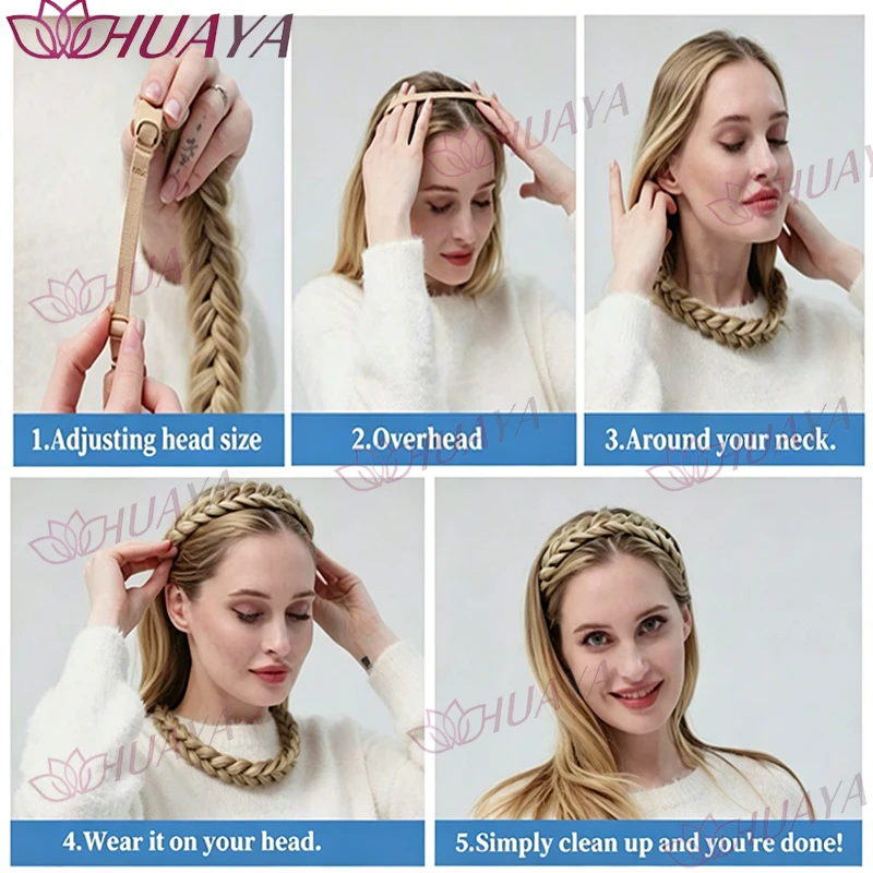 Women’s Synthetic 5-Strand Chunky Braided Headband, Elastic Adjustable Bohemian Hairband, Natural Looking Wig Headband for Daily