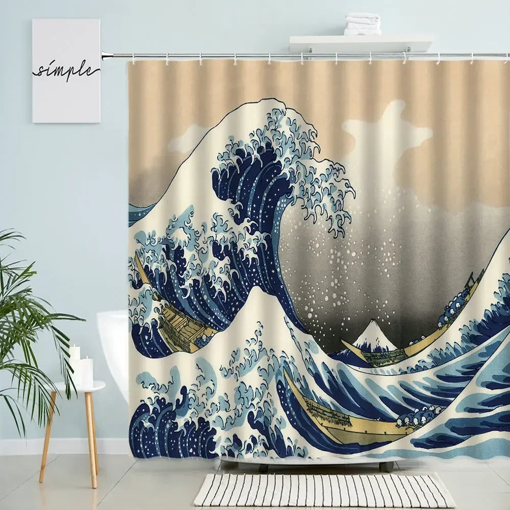 Ocean Waves Shower Curtain Cartoon Anime Fish Animal Chinese Retro Bathroom Accessories With Hook Waterproof Screen Home Decor