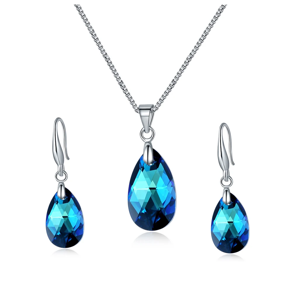 

Original Colorful Blue Crystals From Austria Jewelry Sets Silver Color Pear-Shaped Pendant Necklace Dangle Earrings For Women