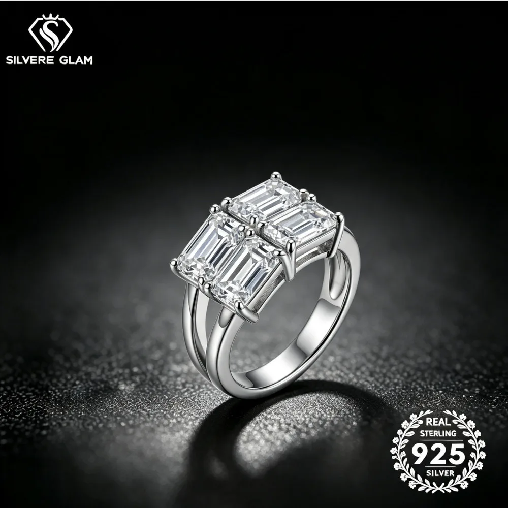 S925 Sterling Silver 5X8mm Emerald Cut Moissanite Ring D VVS1 Multi Stone Split Shank Double Band Women Promise Party Jewelry
