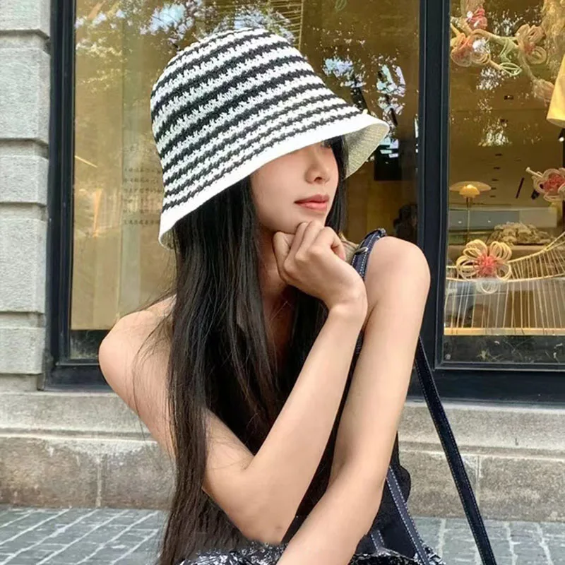 Fresh Stripe Designer Bucket Hat for Women Summer New Hollow Breathable Fisherman Sun Hat Travel Foldable Holiday Panama Cap