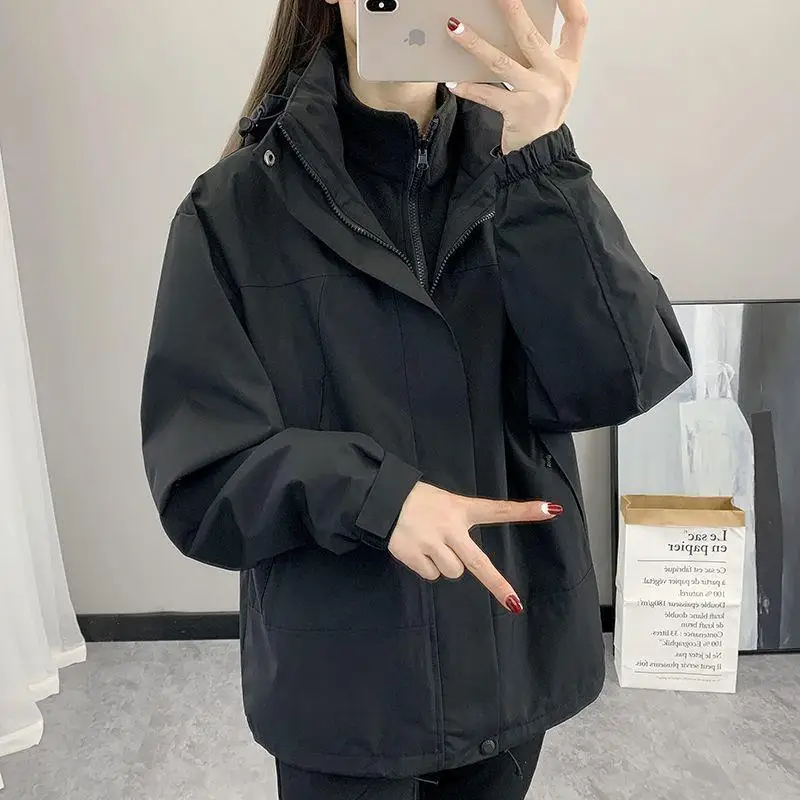 Shock-in-arms Outdoor Three-in-one Two-piece Set Women Removable Plush Thickened Autumn Winter Loose Mountaineering Jacket