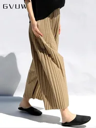 GVUW Pleated Wide Leg Pants Women Fashion Elastic Waist Solid Color Loose Vintage Style Versatile New 2024 Trousers 17G6108