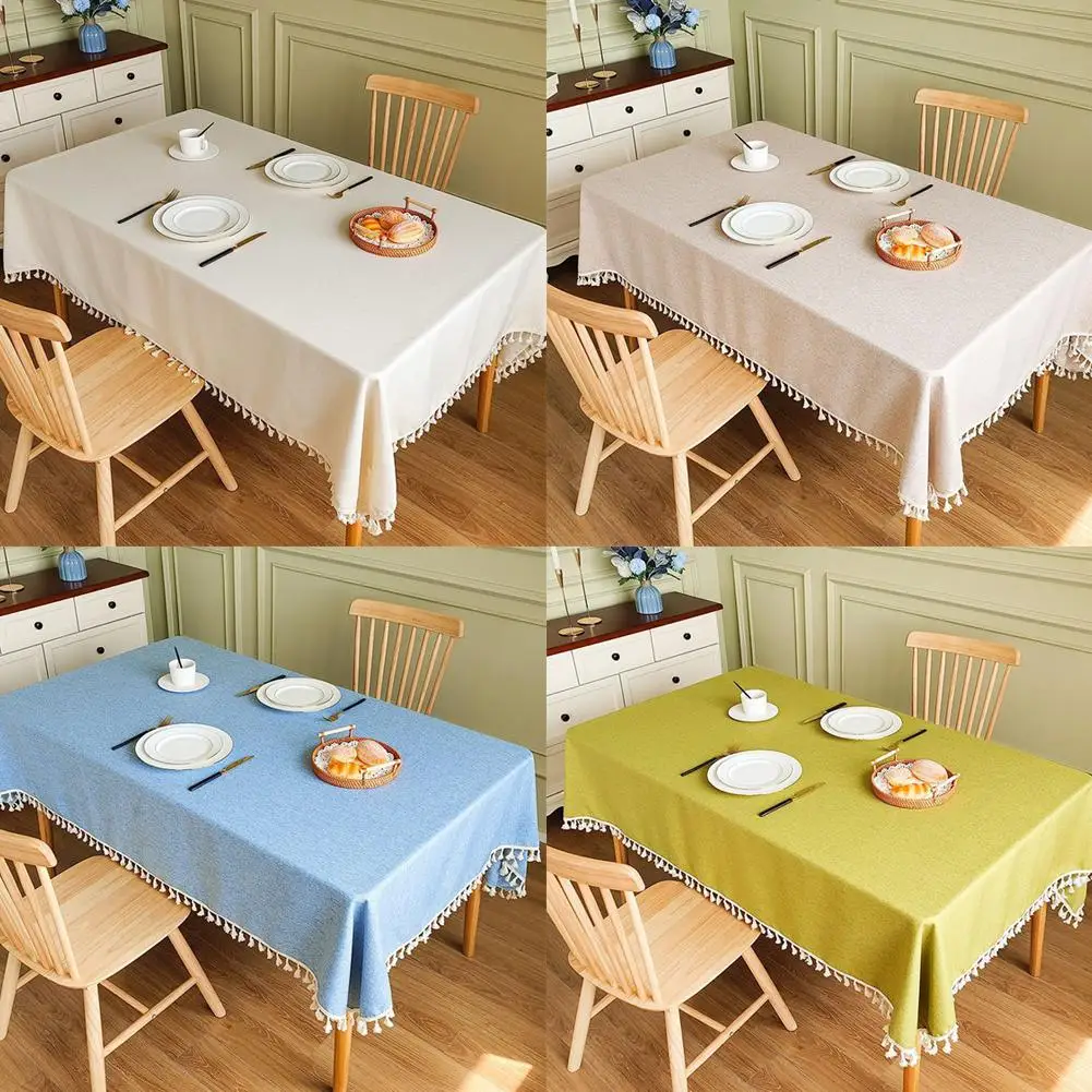 Waterproof And Stain Resistant Cotton Linen Tablecloth  Anti-Fading Tassel Rectangle Indoor Outdoor Dining Table Cover 90x140cm