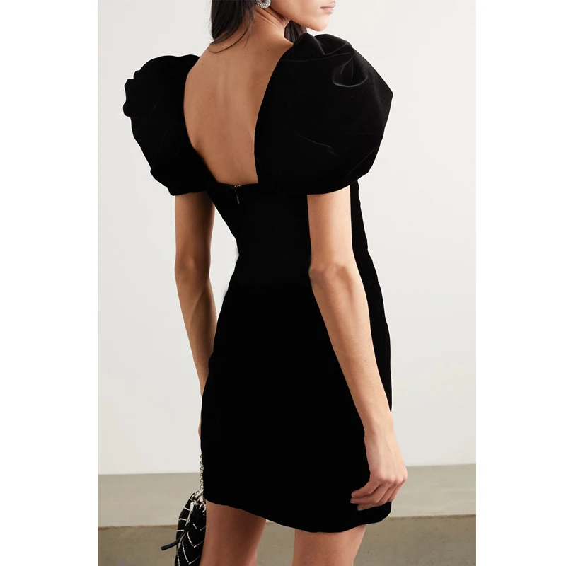 

Black Velvet Bubble Sleeve Square Collar Waist-Cinching Dress Elegant Commute Style Summer Women's Fashion High Waist A-Line ...