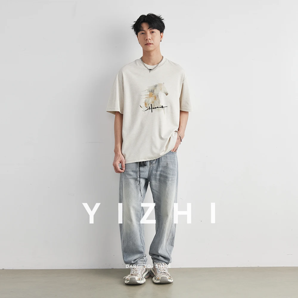 Men's Heavyweight 210g Modal Chinese Style Horse Print T-Shirt 2026 Summer Crew Neck Loose Soft Breathable Short Sleeve