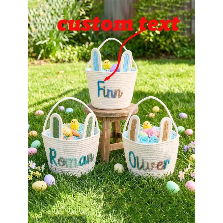 

1 шт. Персонализированная пасхальная корзина ручной работы в виде кролика, корзина для поиска яиц с возможностью нанесения имени, вязаная крючком пасхальная корзина с B