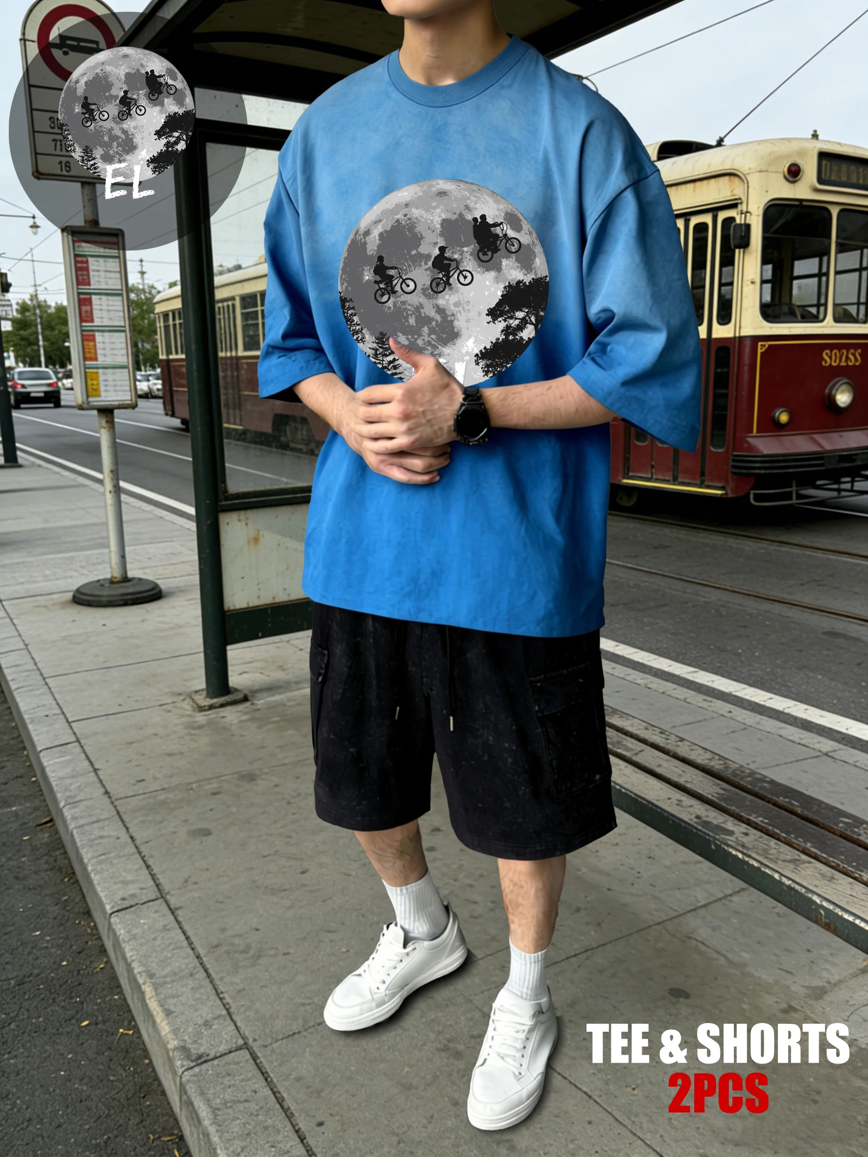 

Boys Riding Bicyclesprinted Tie-Dye T-Shirt Men Cotton T Shirts Crewneck Loose Shorts Set Clothes Unisex Fashion Short Sleeve