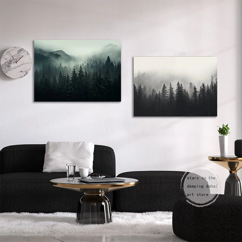 Foggy Dark Forest Waterfall Landscape Misty Mountainside Art Poster Canvas Painting Wall Prints Picture for Room Home Decor