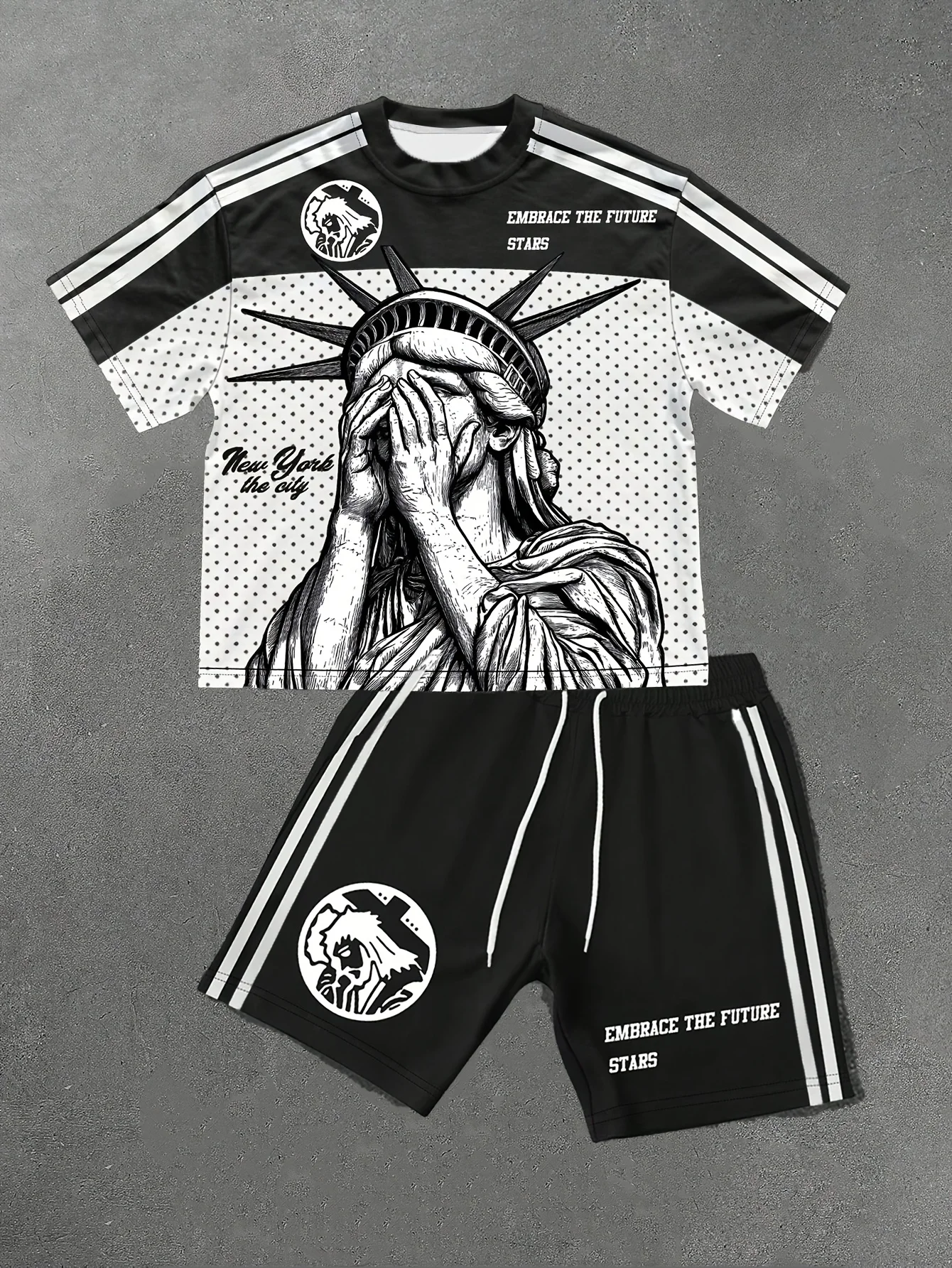 

2026 Summer New Men's Short-Sleeved Set with 3D Angel Pattern Print for Street Casual Fashion Comfortable and Soft