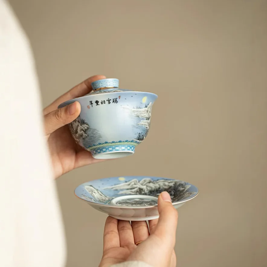 Enamel Color Snow Scene Gaiwan Not Hot Ceramic Tea Bowl Kung Fu Set Large Size Making Device