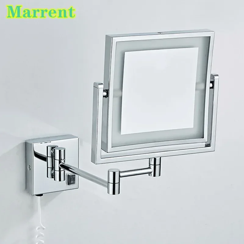 Square LED Folding Bathroom Mirrors 3X Magnifying Lady Makeup Mirror Wall Mount Brass 8 Inch Black Fold Led Bath Mirror