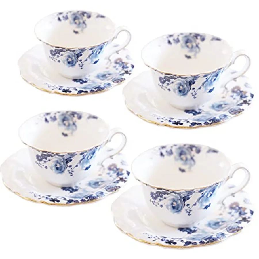

Ceramic Tea Cups Coffee Cup and Saucers Set of 4 Blue and White